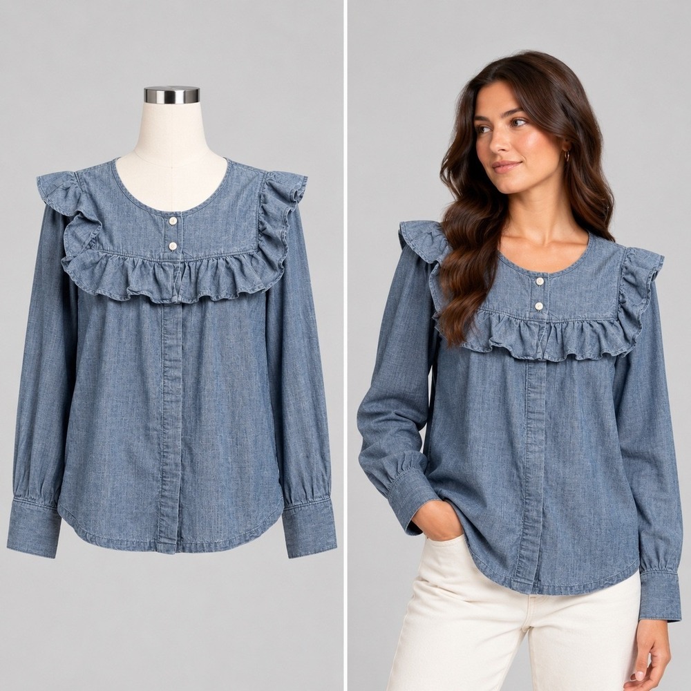 Madewell Ruffle Yoke Chambray Top Women XXS Blue Cotton Blouse Prairie Boho Chic